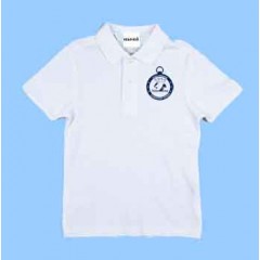 JV101 - White Short Sleeve Piqué  Polo with Navy Printed Logo  JV101 - White Short Sleeve Piqué  Polo with Navy Printed Logo