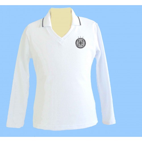 CAV1003- Girls Tapered white V neck long sleeve polo 