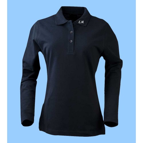MMM2003 Ladies Navy  Long Sleeve Lycra Polo with Maimonide Initials on Collar