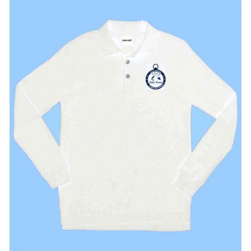 JV102 - White Piqué Long Sleeve Polo with Navy Printed Logo