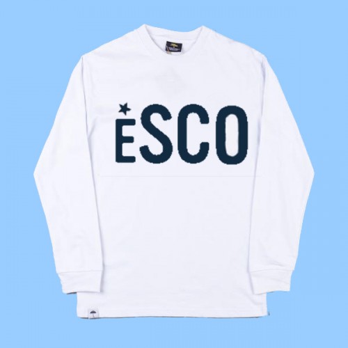 ESCO552 - White Long Sleeve T-shirt  with Navy Printed Logo 