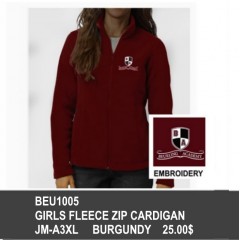 BEU1005 -GIRLS BURGUNDY FITTED FLEECE ZIP CARDIGAN